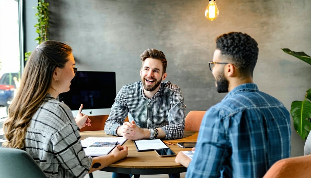 Small business owners collaborating on a digital marketing strategy